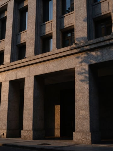 Wide-angle architectural shot of a luxury building facade clad in hand-dressed grey sandstone, low-key warm sunset light casting long dramatic shadows, 35mm