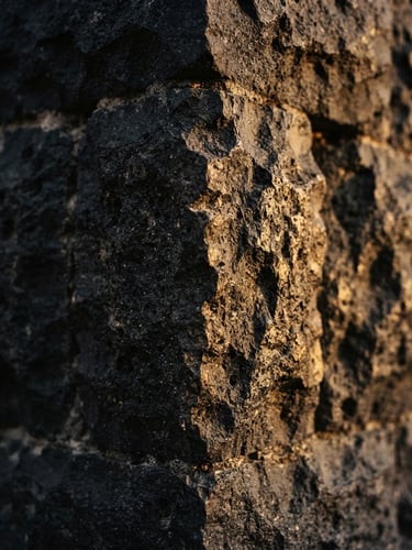 Extreme close-up macro shot of a hand-dressed dark basalt stone block corner, dramatic side lighting casting long shadows, warm golden sunset highlights, 35mm architectural photography