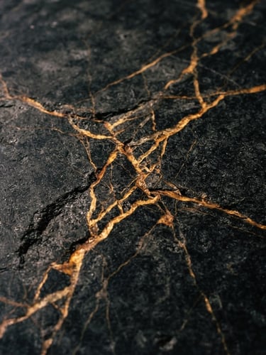 Extreme close-up of dark charcoal granite slab with sharp golden veining, dramatic low-key side lighting, architectural texture detail, 35mm