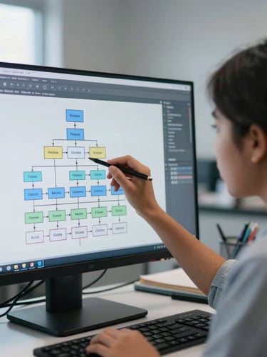 Dynamic medium-close shot of a Peruvian female student analyzing a complex software architecture diagram on a glowing monitor, natural daylight mixing with subtle cool screen glow, modern lab environment.