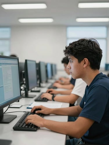 Dynamic medium-close shot of a Peruvian student collaborating in a bright, modern computer laboratory, cool-toned screen glow on their face, clean lines, professional atmosphere, natural daylight mixing with subtle screen light.