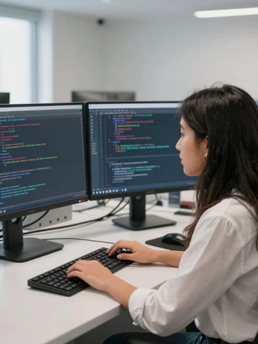 Dynamic medium shot of Peruvian female software engineering student working on a large dual-monitor setup, code visible on screen, bright modern laboratory setting, natural lighting