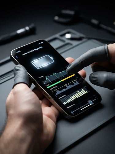 Close-up of a technician's hands performing a precise diagnostic test on an iPhone screen, showing battery health data, under high-contrast studio lighting, deep obsidian and titanium gray tones, sharp macro details, 85mm lens
