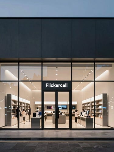 Wide panoramic shot of Flickercell store exterior in Bandung at dusk, modern minimalist design with subtle backlighting, sleek glass facade reflecting city lights, premium product photography, high-contrast studio lighting, deep obsidian and titanium gray tones, sharp macro details, 85mm lens