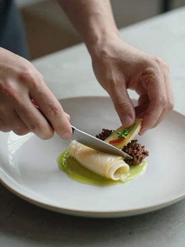 Close detail of hands plating a dish on a pale ceramic plate, natural north-facing kitchen light, ingredients arranged with quiet precision, no faces visible