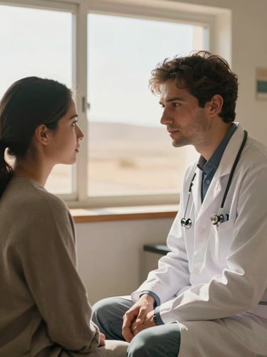 A compassionate face-to-face interaction between a clinician and a patient in a bright room with warm desert daylight streaming through the window.