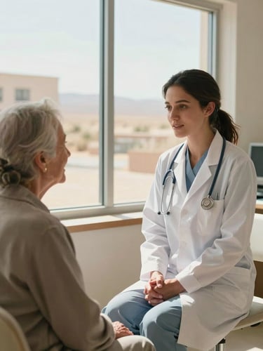 Warm desert daylight streaming through a large window of a downtown clinic, a compassionate female clinician in professional attire speaking warmly with an elderly community member, eye-level medium shot of respectful human connection.