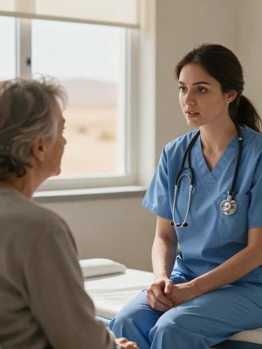 A compassionate female doctor in a blue scrub shirt speaking with an elderly patient in a warm, sunlit clinic room, soft desert light streaming through a window, respectful eye-level medium shot.
