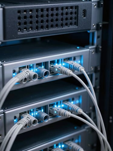 Macro shot of structured fiber optic cables glowing with subtle blue tech light inside a dark server room rack, architectural composition.