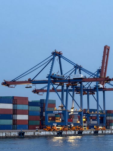 Wide architectural shot of a modern deep-water port at twilight, structured stacks of shipping containers under cool blue lighting, crisp industrial composition, 35mm lens.