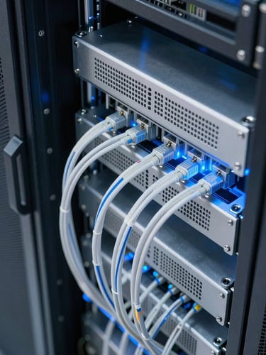 High-angle structured pattern of a high-tech server room, clean architectural lighting with subtle blue and white tech glows, macro detail of fiber optic cables running along a rack.
