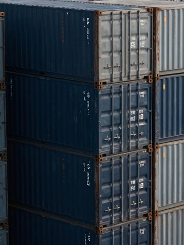 High-angle architectural shot of structured shipping container stacks in cool daylight, deep navy and slate grey tones, 35mm lens.