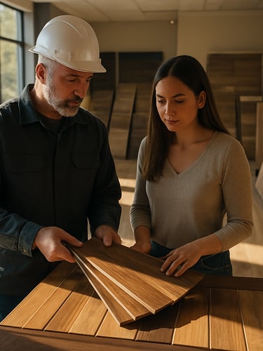 Wide shot inside a flooring showroom, natural daylight streaming through large windows, a contractor and homeowner standing side-by-side studying a fanned array of hardwood sample boards on a display table, grain and finish visible in warm afternoon light