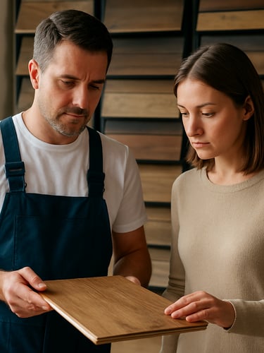 Waist-up shot of a contractor and homeowner standing at a showroom sample display, both looking down at a flooring board the contractor holds flat, morning light from a window to the left, sample boards visible on wall racks behind them