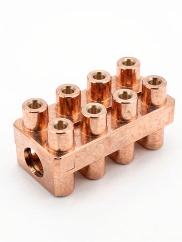 Crisp technical product photography of a heavy-duty copper terminal block, bright high-key studio light, clean white backdrop, sharp metallic details, orthographic angle
