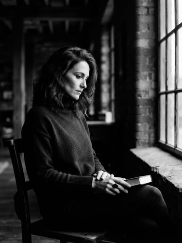 Moody high-contrast black and white medium format portrait of a solitary figure, dramatic natural window light, deep shadows, elegant composition