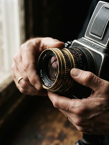 Close-up cinematic shot of hands adjusting a vintage medium format camera lens, dramatic side lighting casting deep shadows, high-contrast black and gold tones.