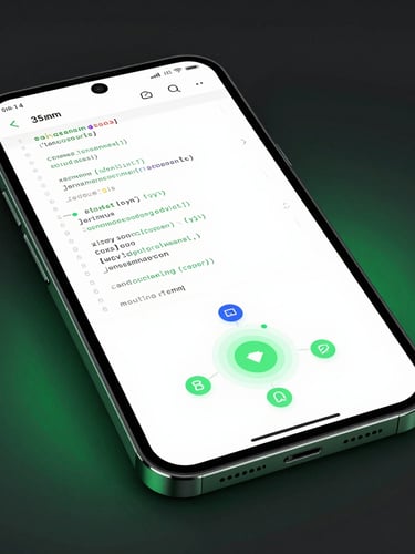Sleek high-fidelity Android device mockup displaying clean code and a system architecture diagram, high-contrast dark studio lighting with electric green ambient backlight, macro lens, 35mm