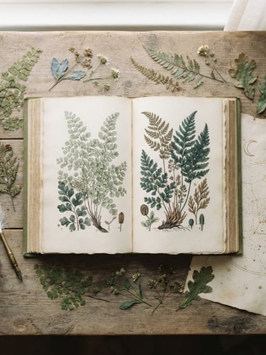 Elegant flat-lay of 'The Renascent World' book, open to a botanical illustration, surrounded by pressed ferns, a quill pen, and a delicate gold-foiled celestial element on antique paper, soft diffused morning light.