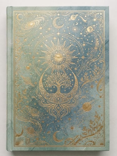 Book cover for 'The Renascent Effect' by Carryn W. Kerr, featuring intricate gold foil celestial elements against a muted sage and dusty blue background, soft diffused light.