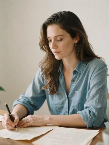 Carryn W. Kerr's Goodreads author photo, warm natural light, soft focus, elegant editorial style, sitting at a writing desk with botanical elements and antique paper, 35mm film aesthetic