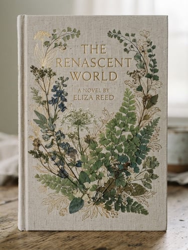 The Renascent World book cover, elegant, soft diffused daylight, botanical details like pressed ferns, subtle gold foil accents, 35mm film aesthetic, wide airy composition