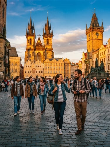 Authentic moment of travelers exploring an ancient European city square at golden hour, wide-angle, rich saturated tones, 35mm