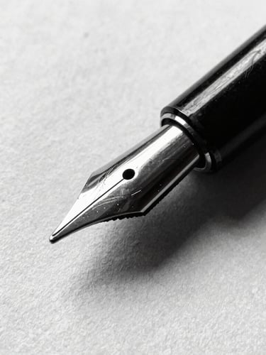 Macro close-up of a vintage fountain pen tip resting on textured bone-white paper, high-contrast side lighting, deep shadows, 35mm grain