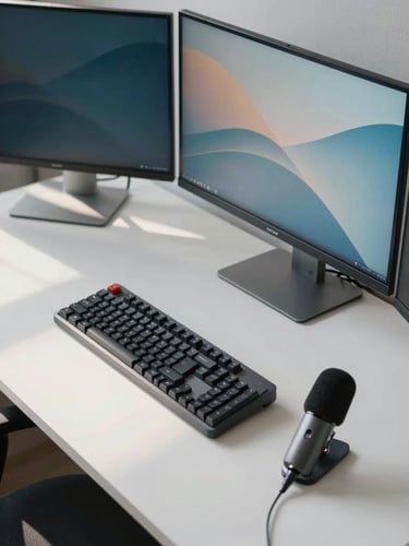 Wide environmental shot of a clean modern creator desk setup, monitors glowing softly with natural daylight streaming in from the left, mechanical keyboard and a compact microphone in focus, minimal cable management visible, shot from a slight overhead angle showing the full workspace surface