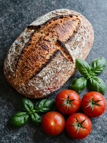 Overhead flat lay of rustic sourdough bread, heirloom tomatoes, and fresh basil on a dark stone counter, soft Scandinavian morning light, rich crimson tones.