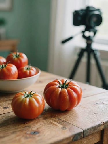 Soft Scandinavian daylight illuminating a rustic wooden table with fresh heirloom tomatoes, a ceramic bowl, and a camera on a tripod off-center, warm ambient light, 35mm film look.