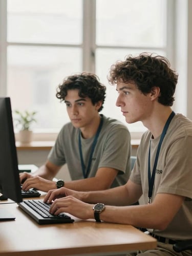 A volunteer befriender and a neurodivergent young adult working together on a computer screen in a bright, modern micro-enterprise workspace, natural window light, focused and dignified.