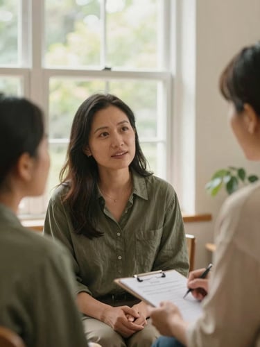 A warm, authentic medium shot of two parents talking with a program coordinator in a sunlit room, soft natural light, forest green accents, 35mm lens