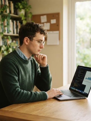 Dignified medium shot of a neurodivergent young adult focused on a laptop screen, warm natural window light, soft green tones, professional setting, 35mm lens
