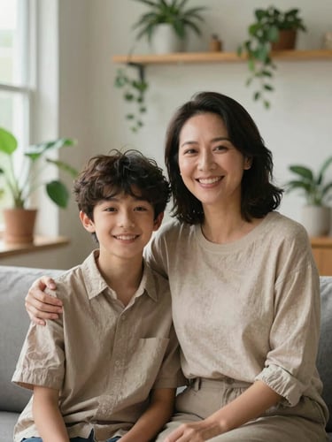 A warm, natural light portrait of a mother and her young adult son smiling together in a modern, plant-filled living room, soft focus background, authentic and dignified.