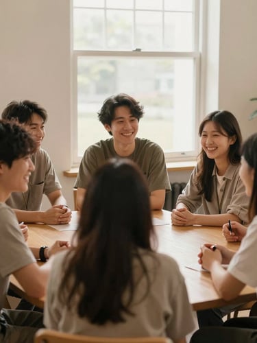A warm group of young adults and volunteers laughing together around a table in a cozy, sunlit community space, soft natural window light, gentle earthy tones, authentic and dignified, 35mm lens.