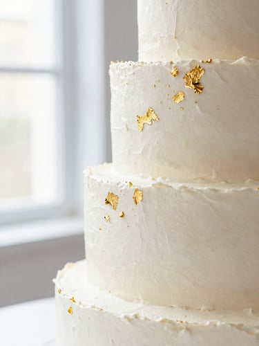 Bright editorial food photography, close-up of a modern tiered cake with textured white buttercream and delicate edible gold leaf, soft natural side-lighting