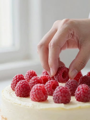 Bright macro food photography, hands of a pastry chef carefully placing fresh raspberries onto a clean-cut cake layer, soft natural window light