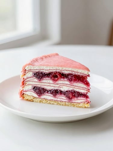 A clean-cut slice of a multi-layered cake on a minimalist white plate, showing perfect internal layers of raspberry filling, bright natural side-lighting