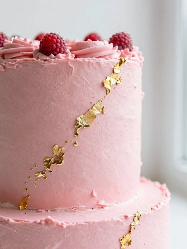 A tight, vertical macro crop of a modern wedding cake with textured raspberry pink buttercream and delicate edible gold leaf details, bright natural side-lighting, clean white background