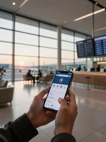 Wide-angle view of an international airport gate lounge at dawn, a traveler's hand holding a smartphone displaying a connectivity app, warm early morning light through floor-to-ceiling windows, departure board visible blurred in background