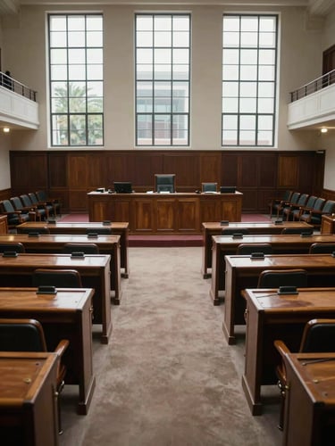 Wide interior view of a formal Mexican legislative chamber, rows of wooden desks receding into the background, tall windows casting even daylight across the room, empty seats conveying institutional weight and civic expectation, documentary framing, no people