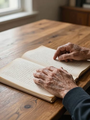 Close-up of weathered hands resting on open archival documents on a wide wooden desk, natural window light from the left casting soft shadows across handwritten pages, institutional interior visible softly out of focus in the background