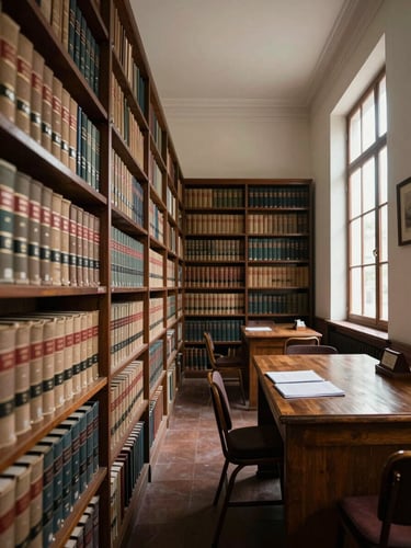 Wide interior shot of a Mexican state archive reading room, tall shelves of bound legal volumes receding into depth on the left, a single wooden table with open documents under cool window light from the right, empty chairs, no people — institutional solitude and accumulated history
