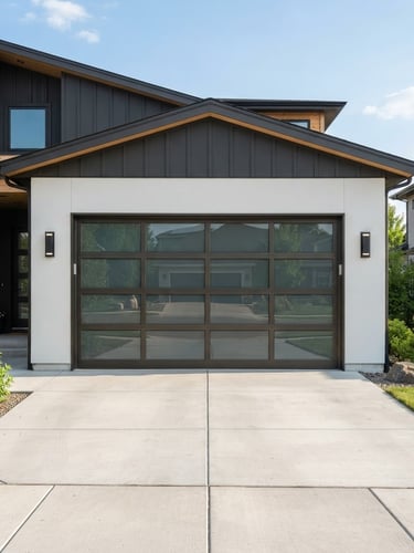 Crisp, straight-on view of a modern American residential garage door installation, clean lines, suburban home, bright daylight, professional photography.