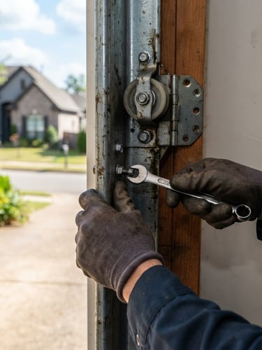 Tight macro shot of a technician's hands adjusting a residential garage door track, focused on the metal components, with a suburban Memphis driveway in the background. Crisp daylight, high contrast, 35mm lens.