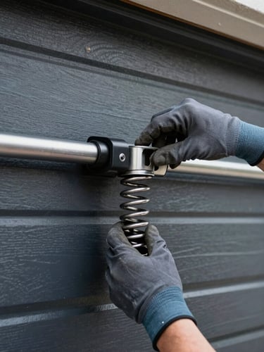 Close-up of a technician's gloved hands safely adjusting a new torsion spring on a garage door shaft, tools visible, crisp lighting.
