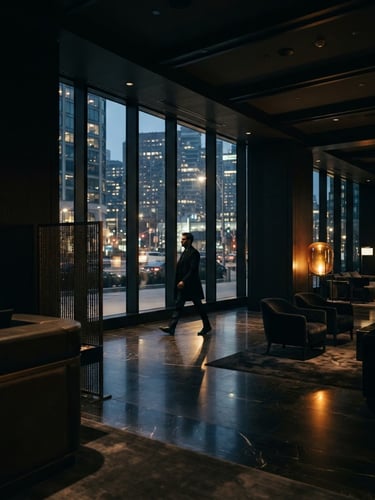 Sleek, dark, high-end hotel lobby at dusk, an executive silhouette walking past a large window, moody ambient lighting, rich amber glow from a distant lamp, cinematic wide-angle.