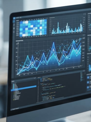 Macro shot of a high-fidelity UI mockup displaying complex data graphs, code lines, and search performance metrics on a slate-colored monitor, crisp cool office daylight, sharp focus, shallow depth of field