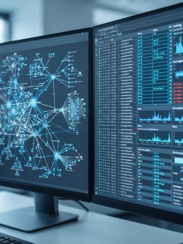 Macro close-up of dual monitors displaying complex site architecture maps and crawl logs, crisp cool office daylight, high-contrast slate and electric blue tones, sharp focus.